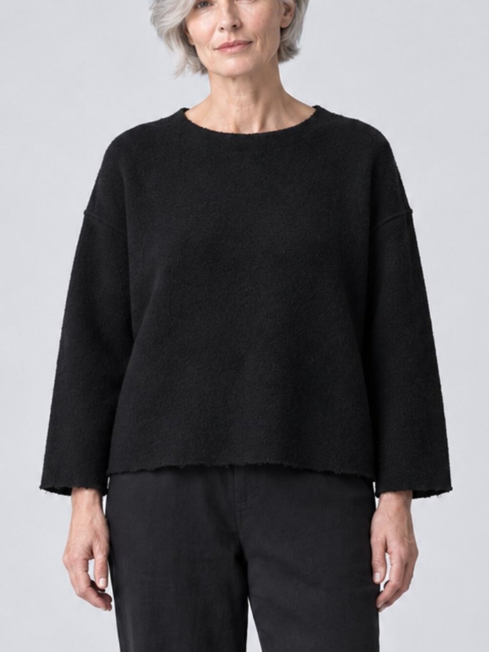 Eileen Fisher Black Boiled Wool Bateau Boxy Long Sleeve Top Petite Large